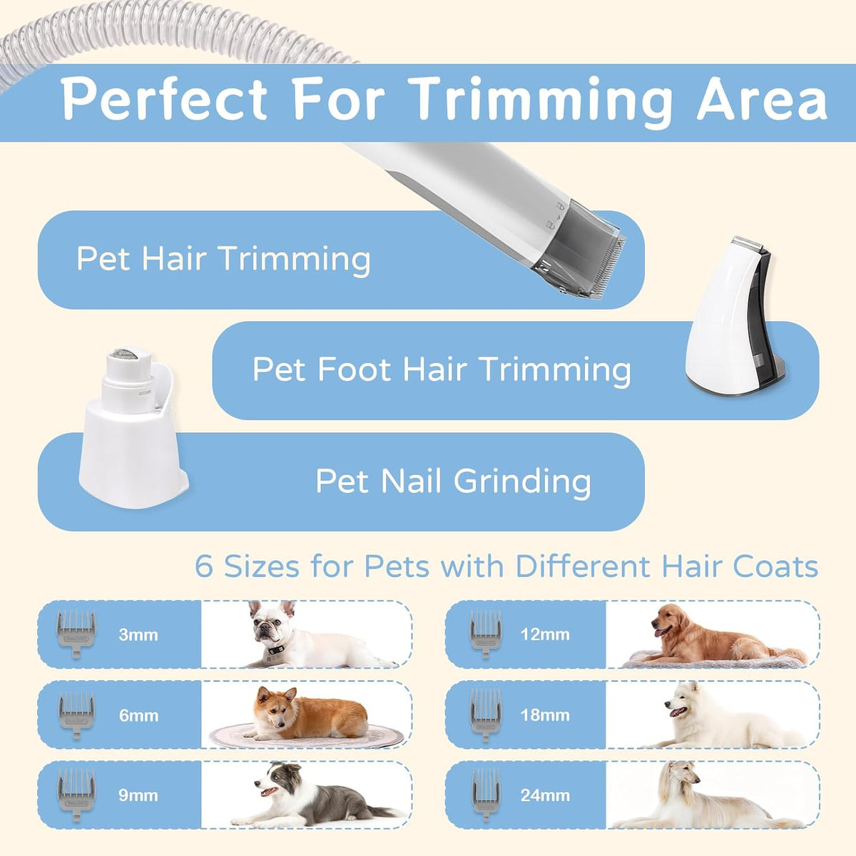Dog Grooming Vacuum Kit with Clipper & Nail Grinder, 6 Tools