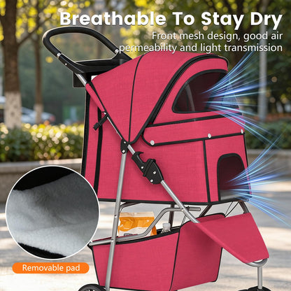 Pet Stroller for Dogs & Cats, 3 Wheel Foldable with Storage Basket