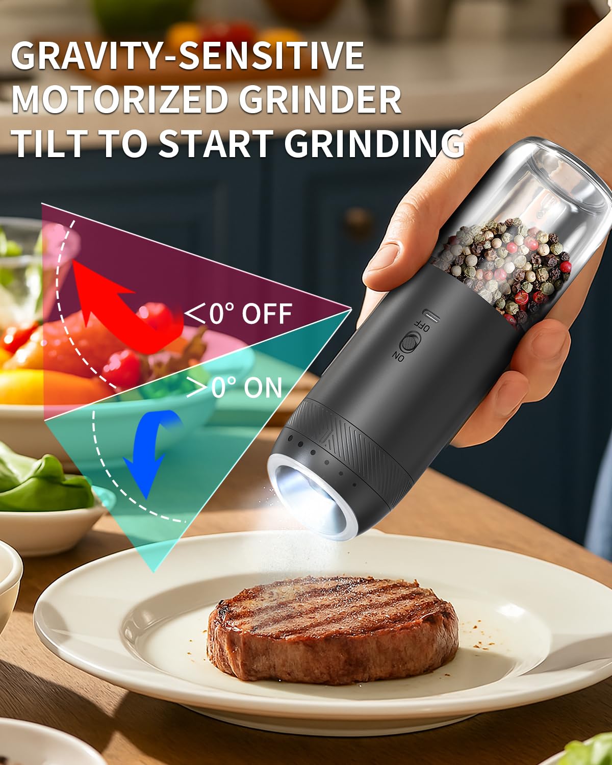CIRCLE JOY Rechargeable Salt and Pepper Grinder Set Gravity Electric Salt and Pepper Grinder Set, LED Light, Adjustable Coarseness, for Home Kitchen BBQ, Black & White