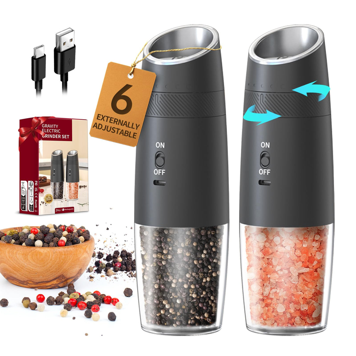 Electric Salt and Pepper Grinder Set, Gravity Rechargeable with LED