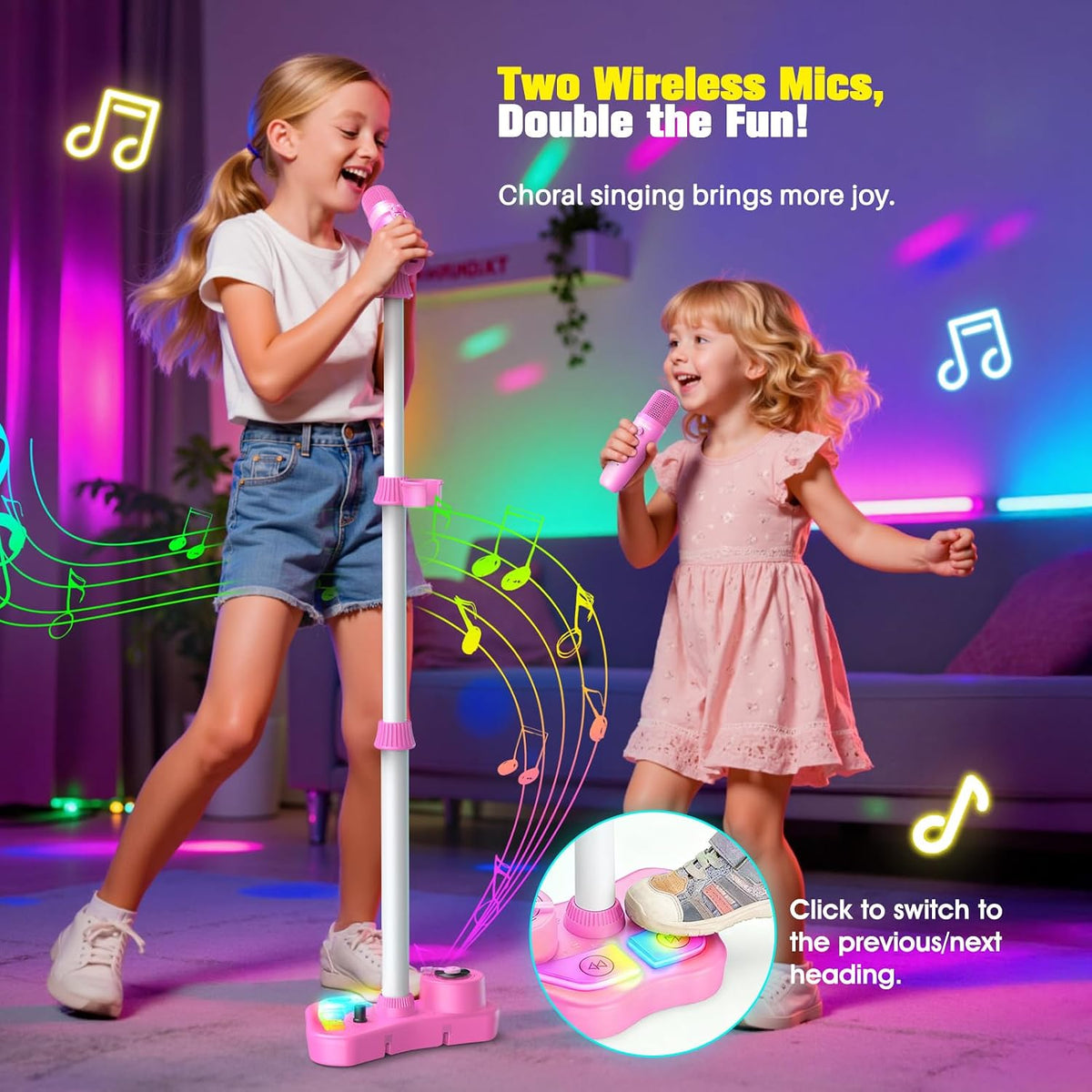 Kids Stand Karaoke Machine Toys for 3 4 5 6 7 8 Year Old Girls Gift, Kid Rechargeable Microphone Toddler Christmas Birthday Gift Singing Toy for Girl Ages 3-5 4-6, Bluetooth Speaker with 2 Mics