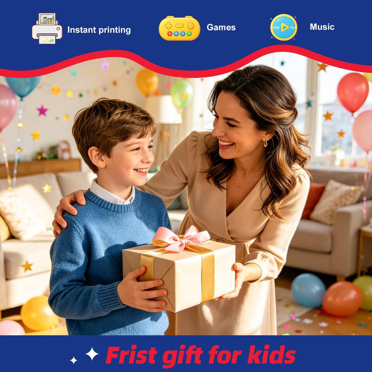Kids Instant Print Camera with 5 Rolls Print Paper, 1080P HD Camera, Rechargeable Portable Toddler Selfie Camera, Christmas Birthday Gifts Toys for Boys Girls Age 3-12 (Red & Blue)
