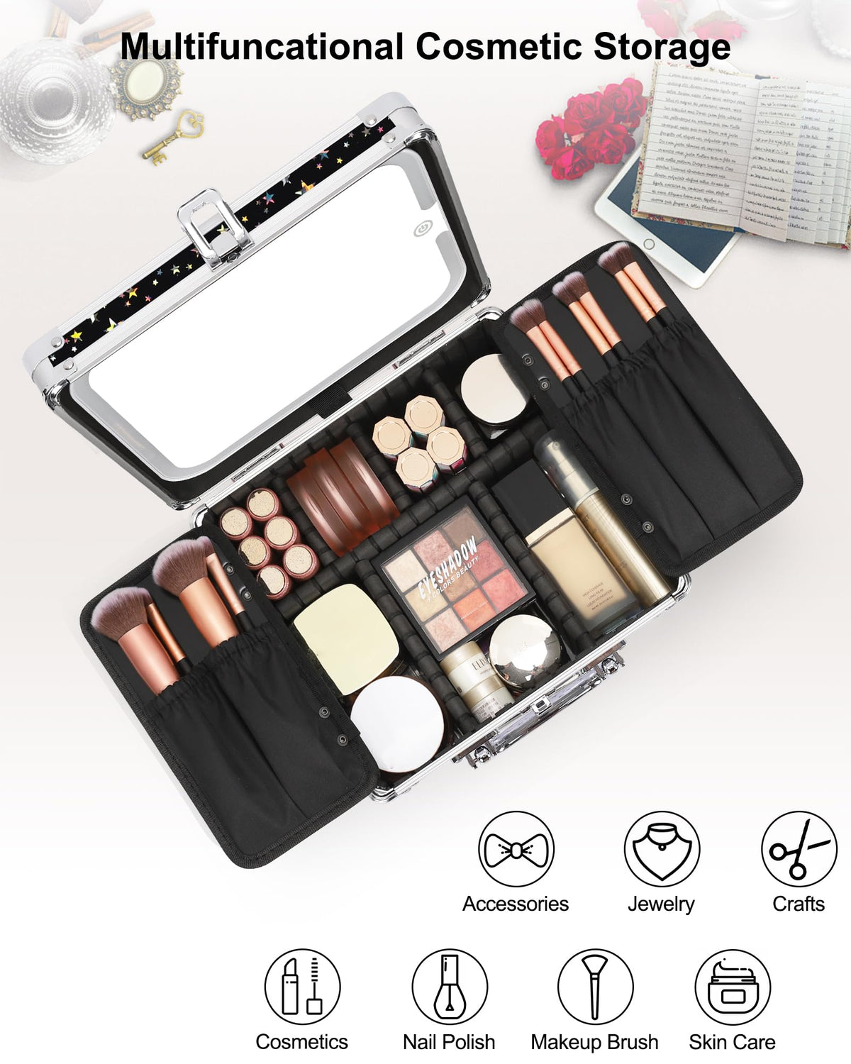 Relavel Makeup Bag with LED Mirror, Makeup Box Travel Train Case with Rechargeable Lighted Mirror & Adjustable Dividers, Cosmetic Brush Organizer Storage for Makeup Artists Gifts for Women and Girls