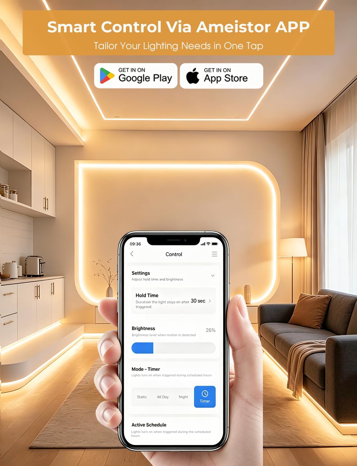 Motion Sensor Under Bed Light, Dual Sensor LED Strip 19.6ft, App Control