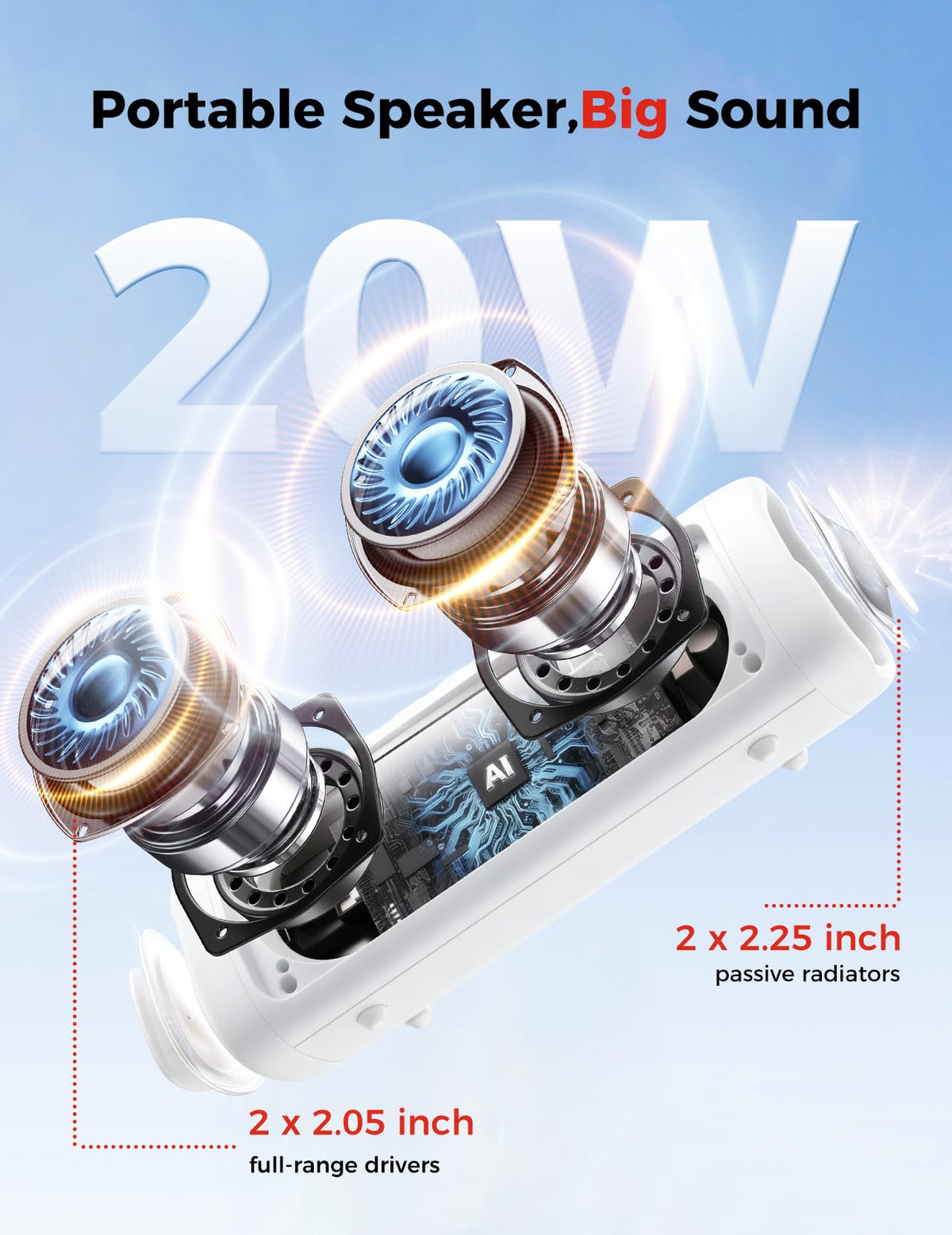 Portable Bluetooth Speaker 20W, IPX5 Waterproof, 24H Playtime