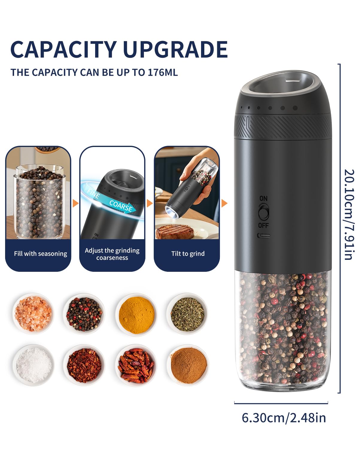 CIRCLE JOY Rechargeable Salt and Pepper Grinder Set Gravity Electric Salt and Pepper Grinder Set, LED Light, Adjustable Coarseness, for Home Kitchen BBQ, Black & White