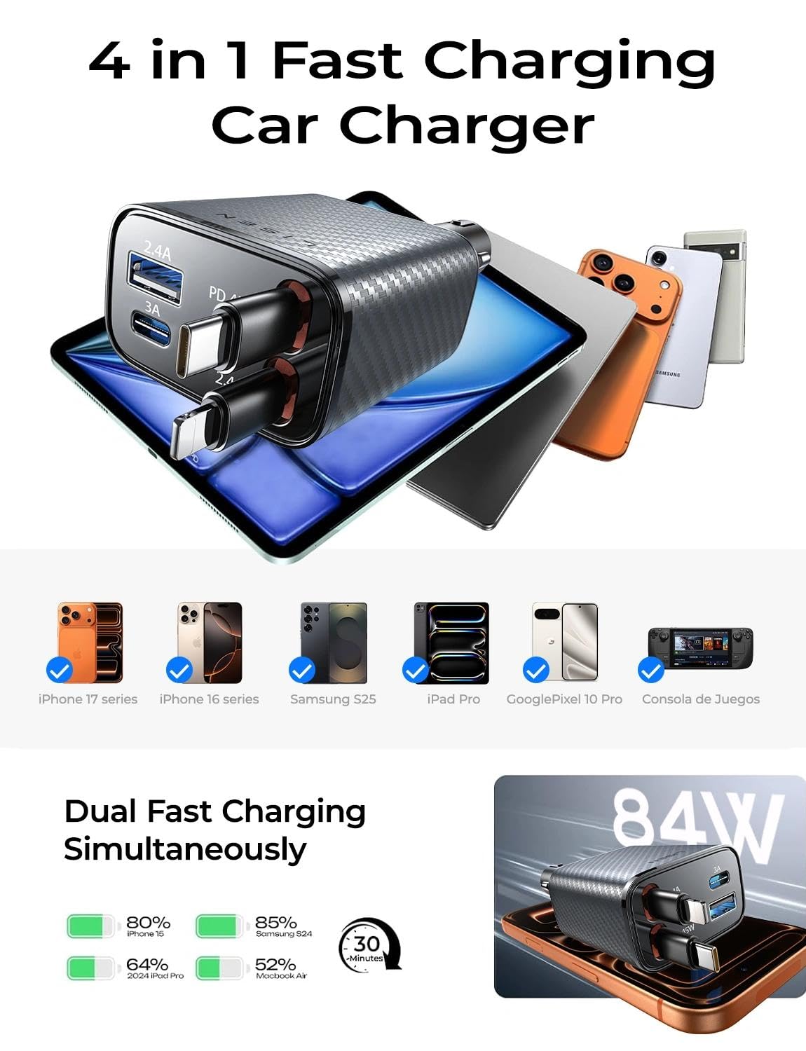 LISEN Retractable Car Charger, 84W Car Charger USB C Fast Charge,4 in 1