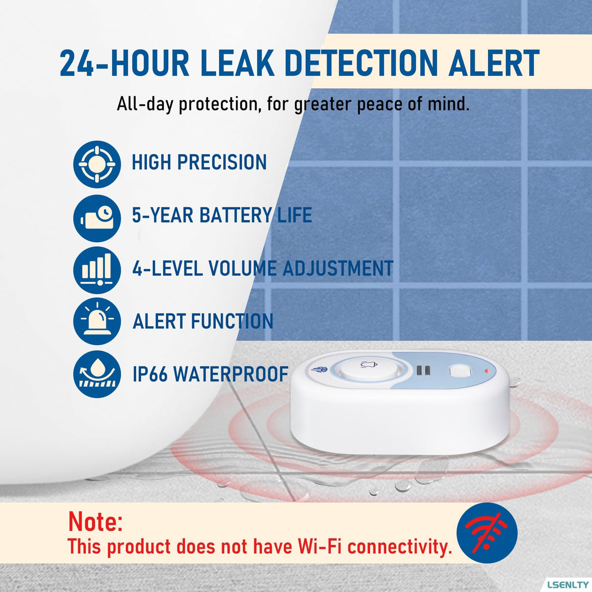 Water Leak Detector with 100dB Alarm, 5-Year Battery, IP66 Waterproof