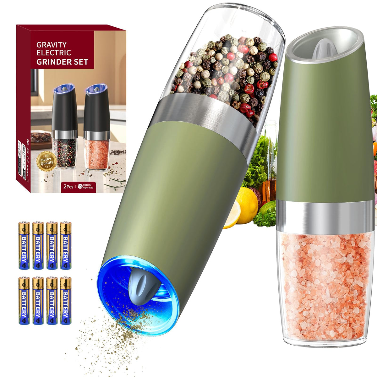 CIRCLE JOY Rechargeable Salt and Pepper Grinder Set Gravity Electric Salt and Pepper Grinder Set, LED Light, Adjustable Coarseness, for Home Kitchen BBQ, Black & White