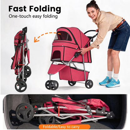 Pet Stroller for Dogs & Cats, 3 Wheel Foldable with Storage Basket
