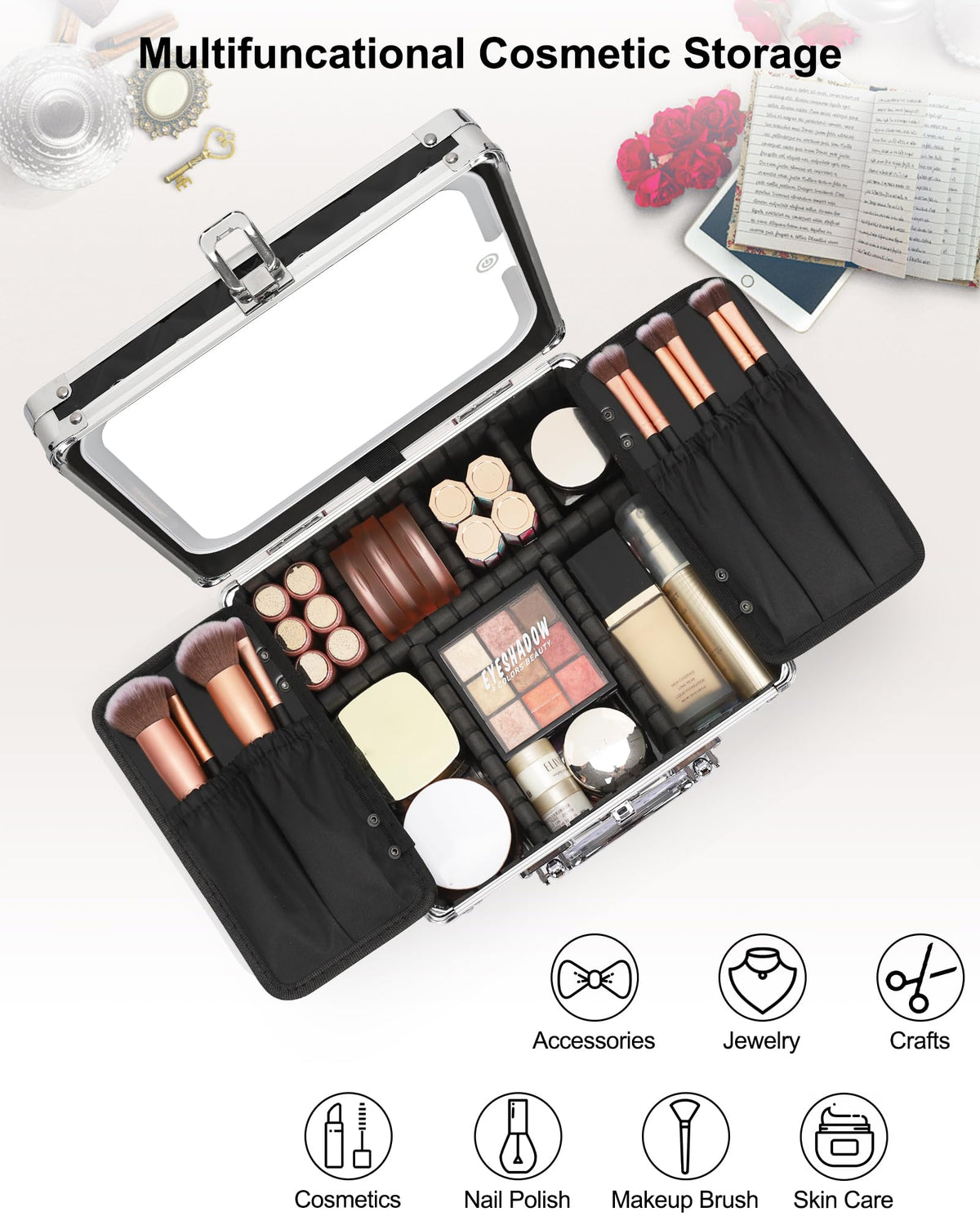 Relavel Makeup Bag with LED Mirror, Makeup Box Travel Train Case with Rechargeable Lighted Mirror & Adjustable Dividers, Cosmetic Brush Organizer Storage for Makeup Artists Gifts for Women and Girls