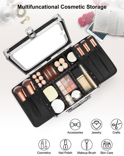 Makeup Train Case with LED Mirror, Rechargeable Travel Makeup Bag