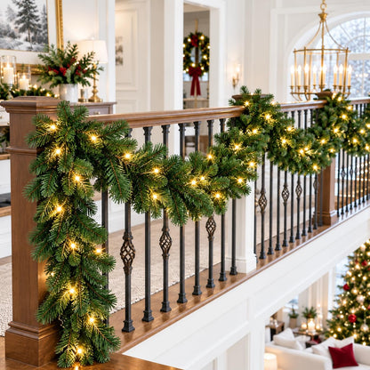 Christmas Garland with Lights 9ft, Prelit for Mantle, Stairs & Door