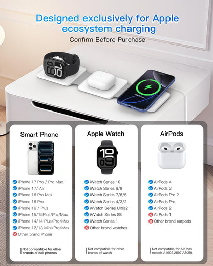 3 in 1 Charging Station, Foldable Magnetic Wireless Charger for iPhone & Watch