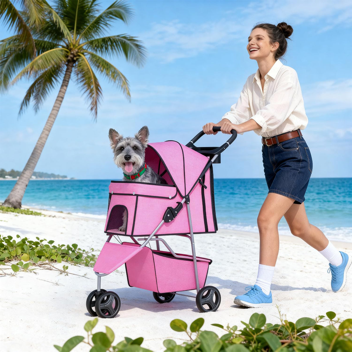 BestPet | 3-Wheel Pet Stroller | Dog and Cat Stroller | Breathable Mesh | Lightweight Travel Carrier | Waterproof & Foldable Design | Storage Basket | Black | for Daily Walks & Outdoor Use