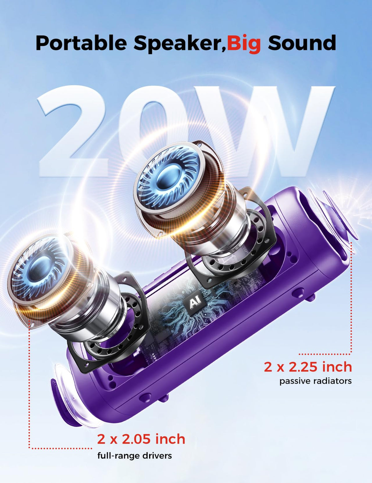 Portable Bluetooth Speaker 20W, IPX5 Waterproof, 24H Playtime