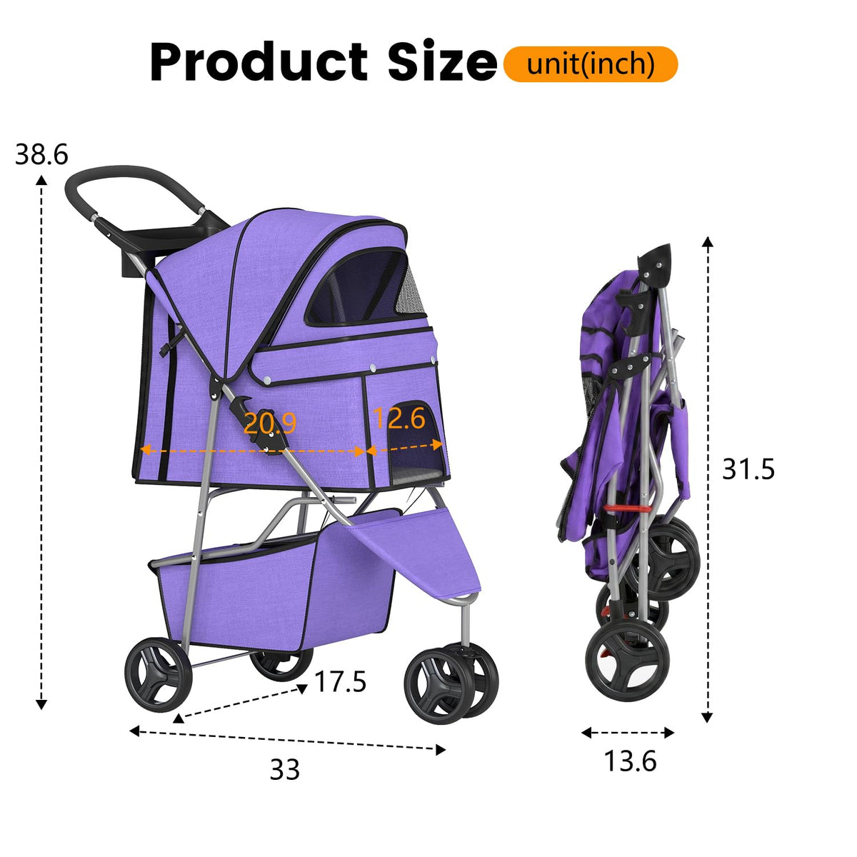 Pet Stroller for Dogs & Cats, 3 Wheel Foldable with Storage Basket