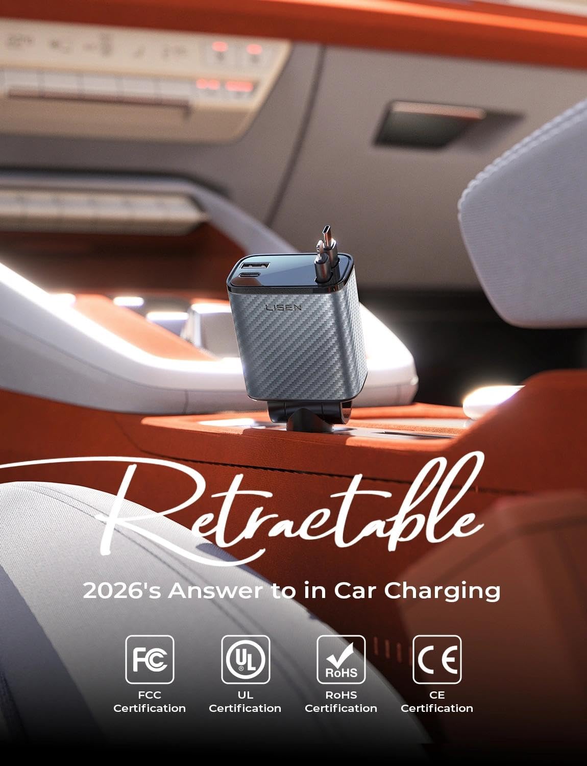 LISEN Retractable Car Charger, 84W Car Charger USB C Fast Charge,4 in 1