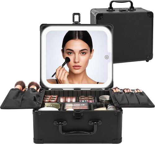 Makeup Train Case with LED Mirror, Rechargeable Travel Makeup Bag