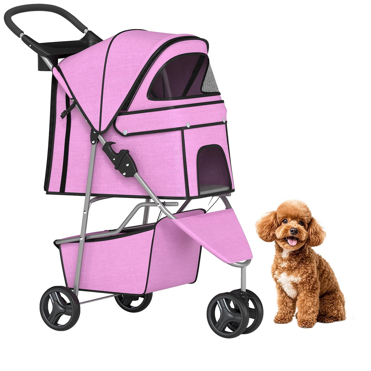 BestPet | 3-Wheel Pet Stroller | Dog and Cat Stroller | Breathable Mesh | Lightweight Travel Carrier | Waterproof & Foldable Design | Storage Basket | Black | for Daily Walks & Outdoor Use