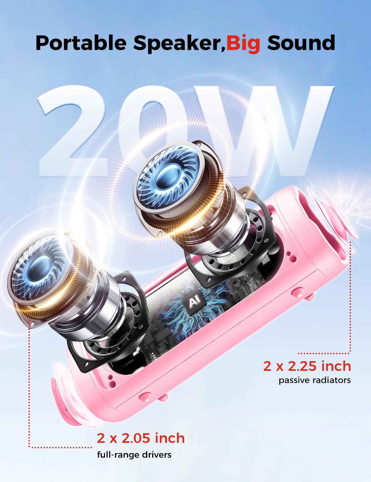 Portable Bluetooth Speaker 20W, IPX5 Waterproof, 24H Playtime