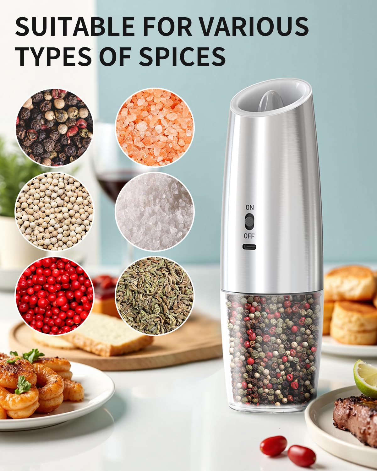 Electric Salt and Pepper Grinder Set, Gravity Rechargeable with LED