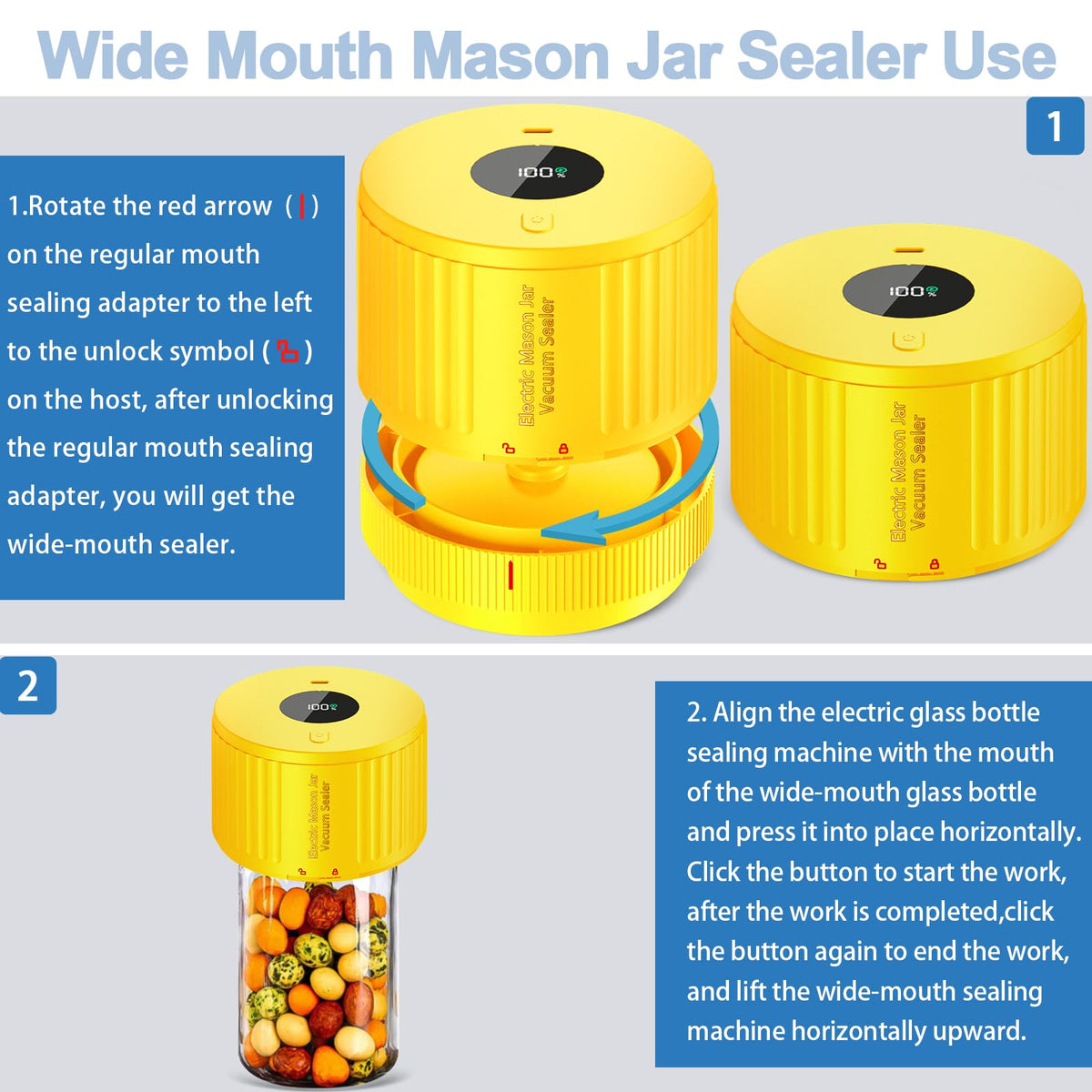 Mason Jar Vacuum Sealer Kit, Electric One Touch Auto Stop