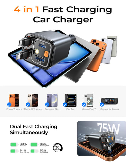 LISEN Retractable Car Charger, 84W Car Charger USB C Fast Charge,4 in 1