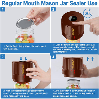 Mason Jar Vacuum Sealer Kit, Electric One Touch Auto Stop