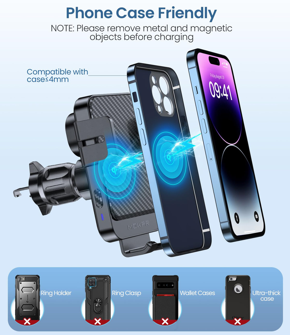 Wireless Car Charger 15W Fast Charging Dash Windshield Vent Car Mount
