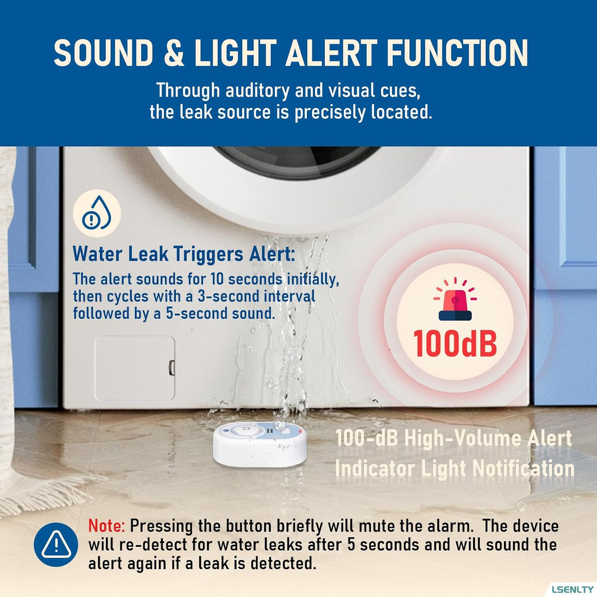 Water Leak Detector with 100dB Alarm, 5-Year Battery, IP66 Waterproof