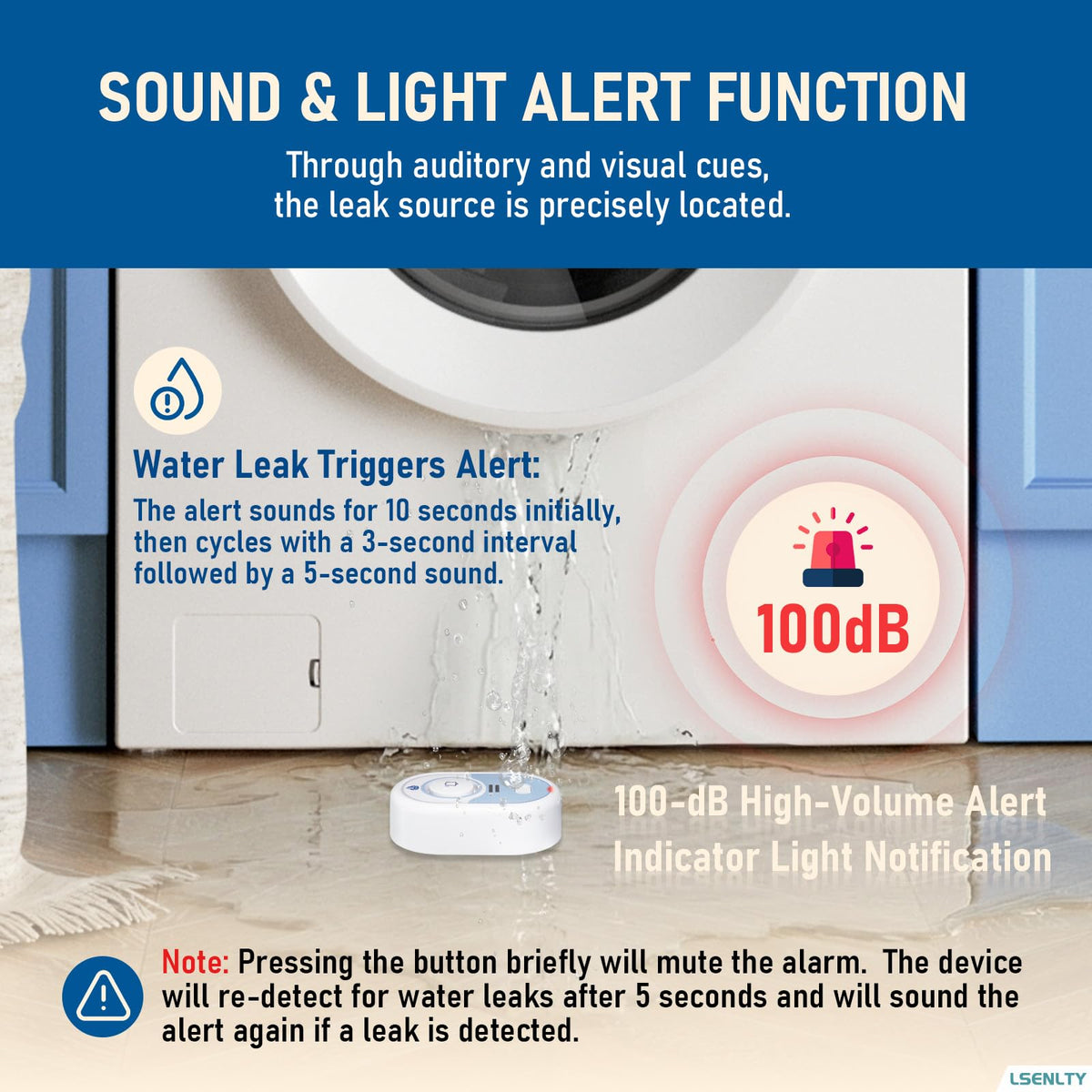 Water Leak Detector with 100dB Alarm, 5-Year Battery, IP66 Waterproof