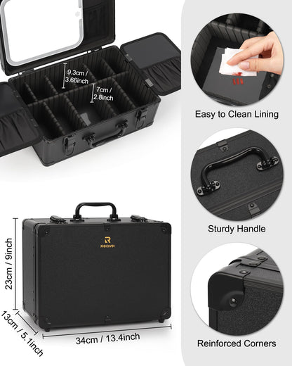 Makeup Train Case with LED Mirror, Rechargeable Travel Makeup Bag
