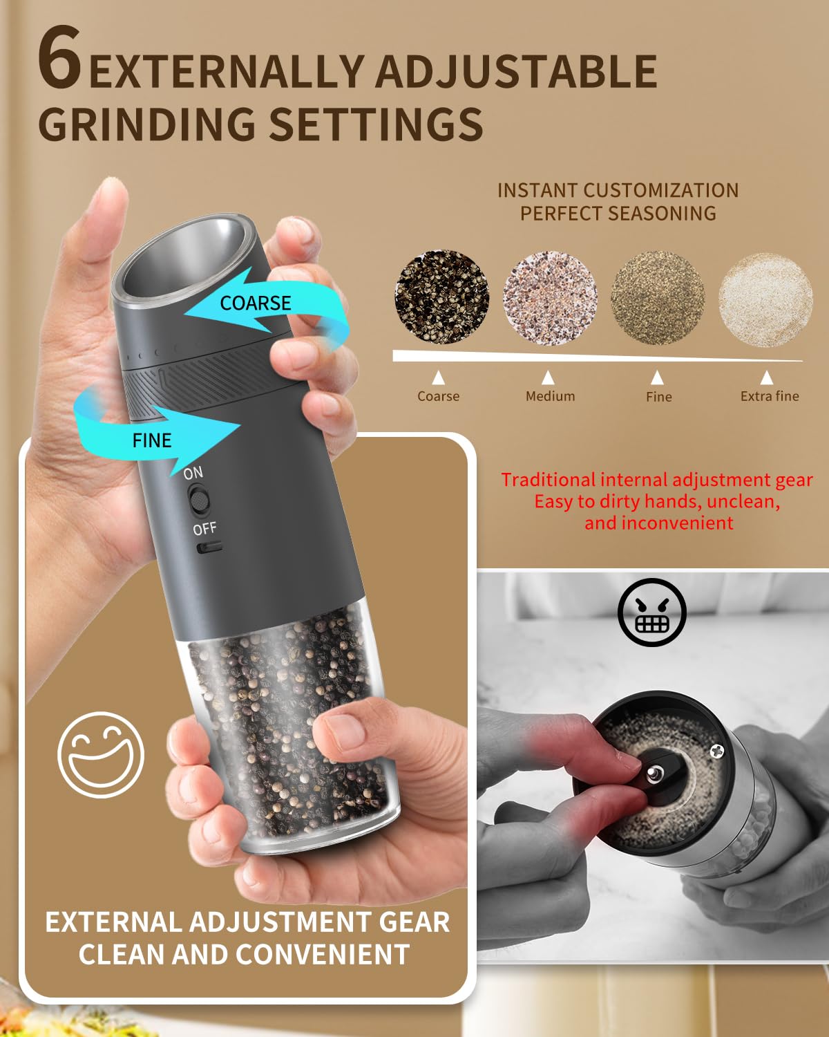CIRCLE JOY Rechargeable Salt and Pepper Grinder Set Gravity Electric Salt and Pepper Grinder Set, LED Light, Adjustable Coarseness, for Home Kitchen BBQ, Black & White