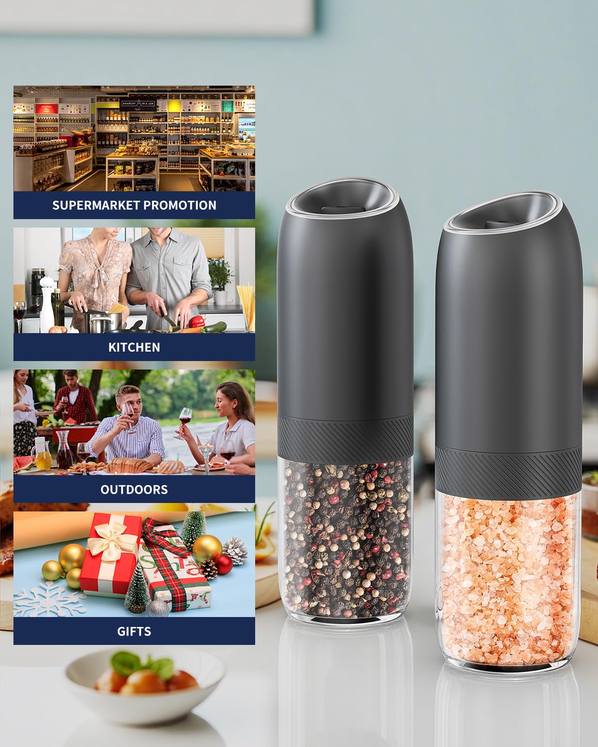 CIRCLE JOY Rechargeable Salt and Pepper Grinder Set Gravity Electric Salt and Pepper Grinder Set, LED Light, Adjustable Coarseness, for Home Kitchen BBQ, Black & White
