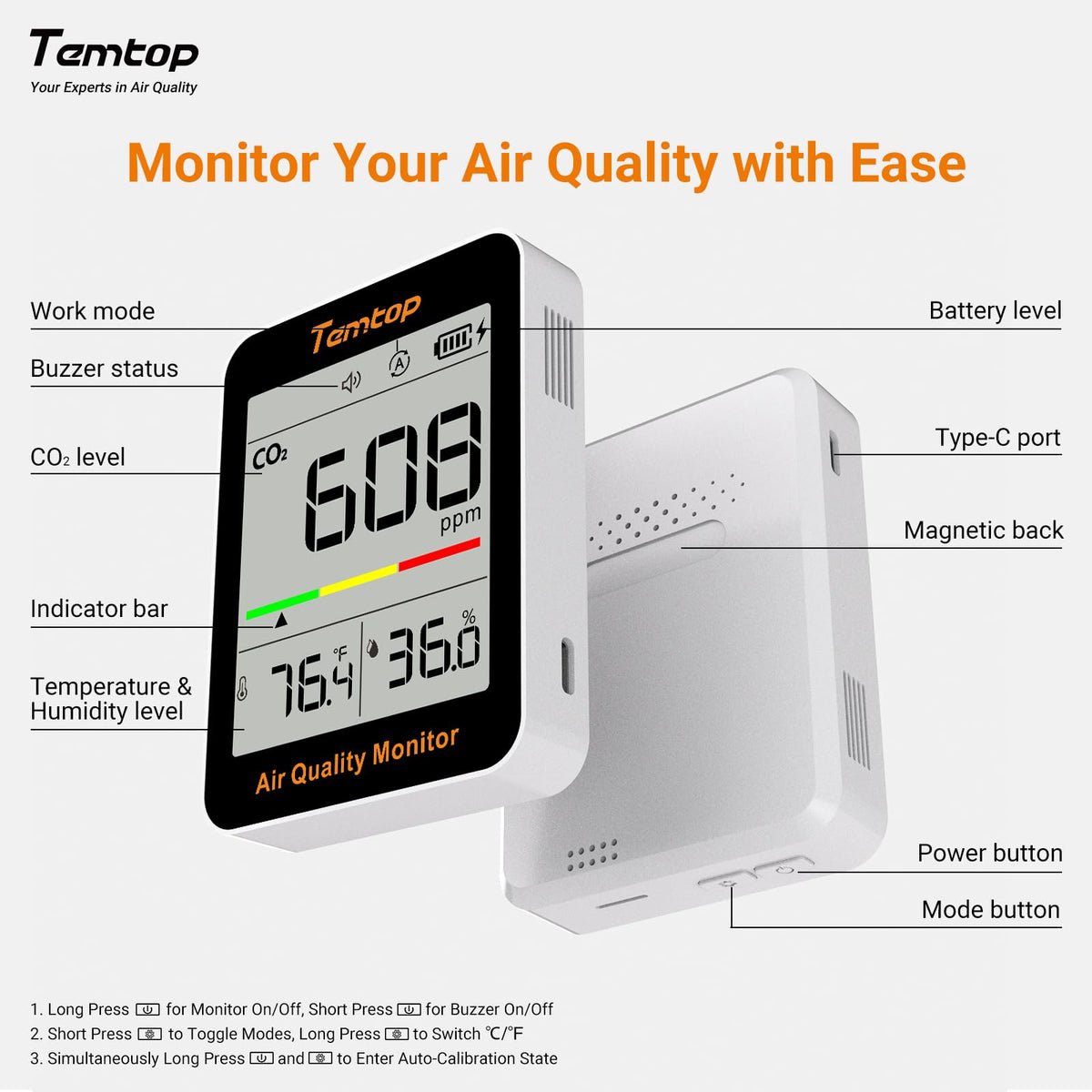 CO2 Monitor Indoor Air Quality Meter, Temperature & Humidity