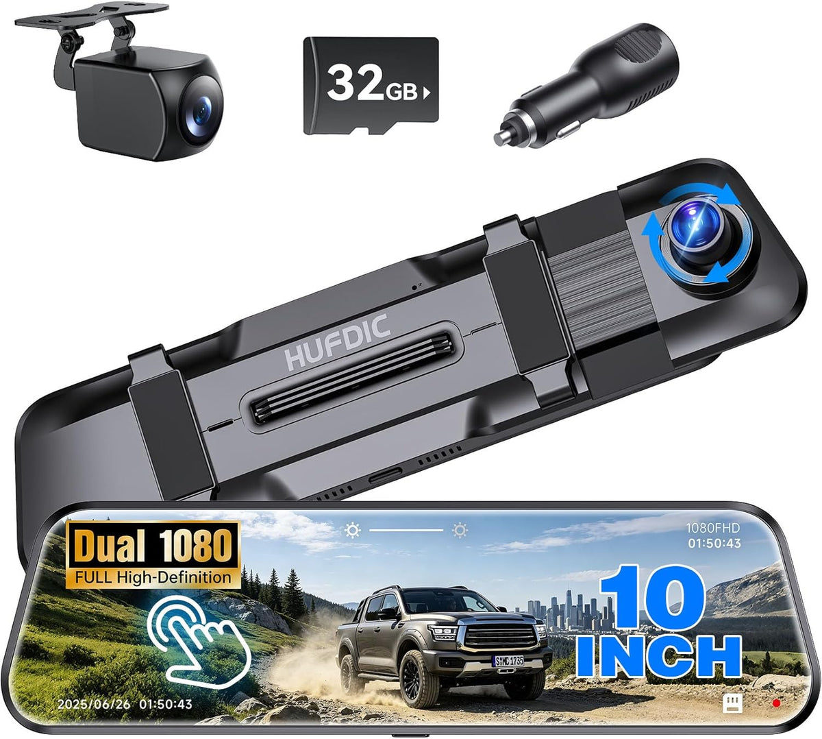 Mirror Dash Cam,10" 1080P Touch Screen Front & Rear View Mirror Camera