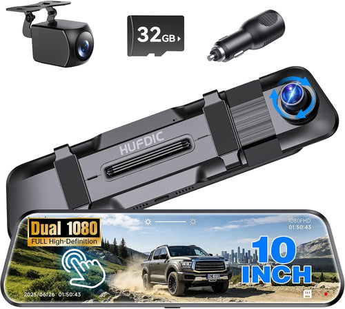 Mirror Dash Cam,10" 1080P Touch Screen Front & Rear View Mirror Camera