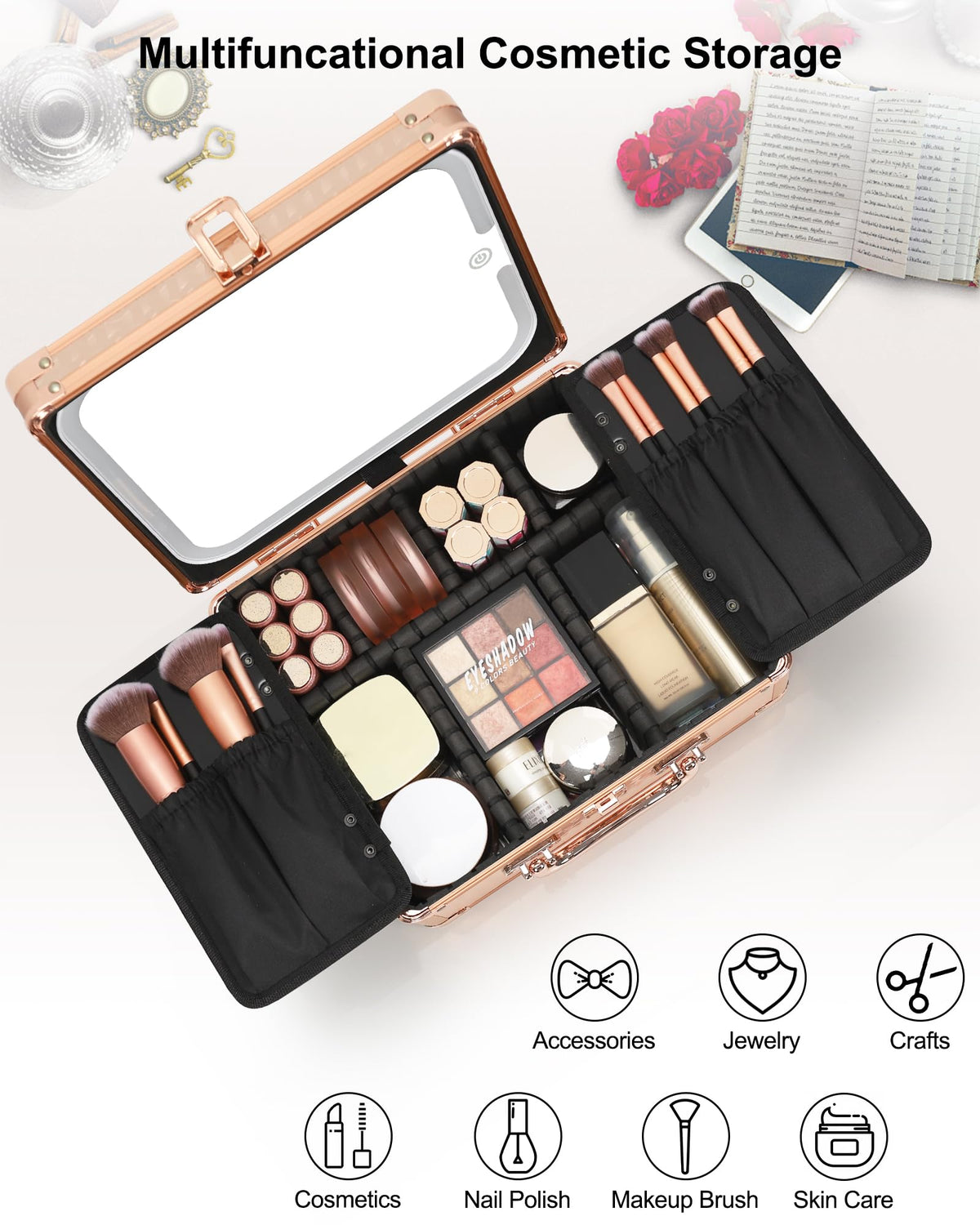 Makeup Train Case with LED Mirror, Rechargeable Travel Makeup Bag