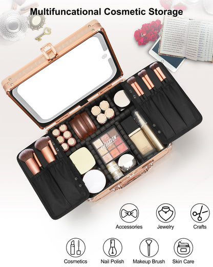 Makeup Train Case with LED Mirror, Rechargeable Travel Makeup Bag
