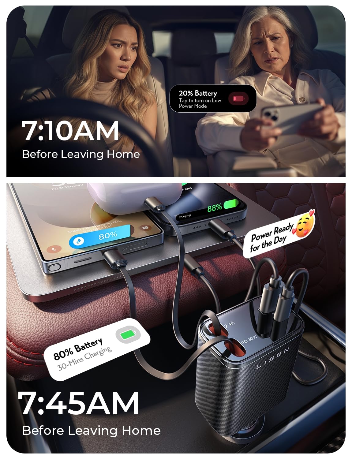 LISEN Retractable Car Charger, 84W Car Charger USB C Fast Charge,4 in 1