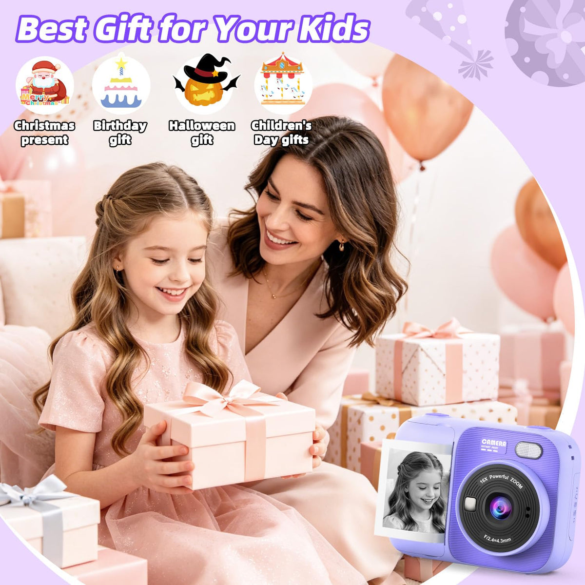 Kids Instant Print Camera with 5 Rolls Print Paper, 1080P HD Camera, Rechargeable Portable Toddler Selfie Camera, Christmas Birthday Gifts Toys for Boys Girls Age 3-12 (Red & Blue)