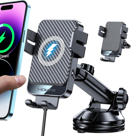 Wireless Car Charger Mount 15W Fast Charging, Dash & Vent Holder