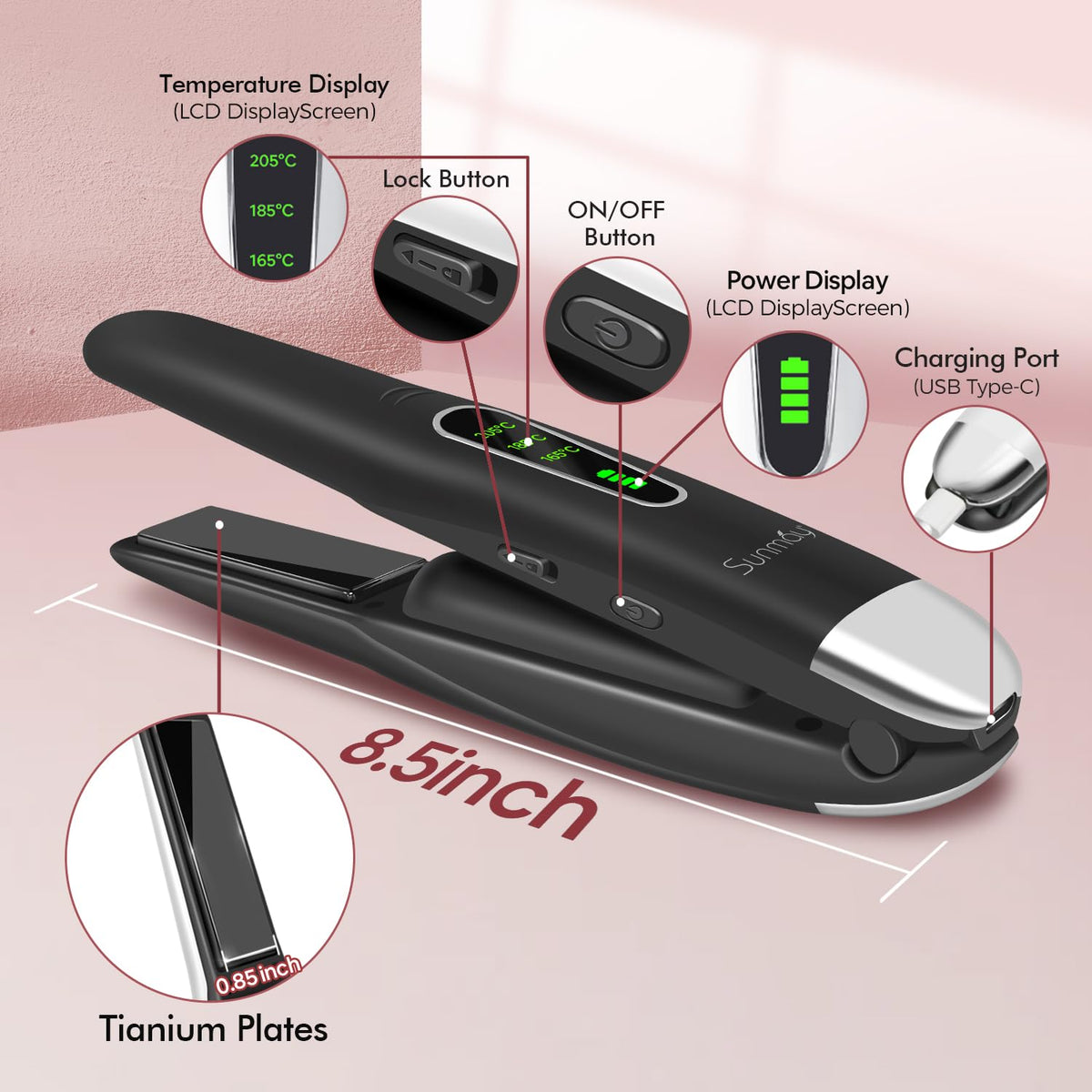 Cordless Hair Straightener, USB-C Rechargeable Travel Flat Iron