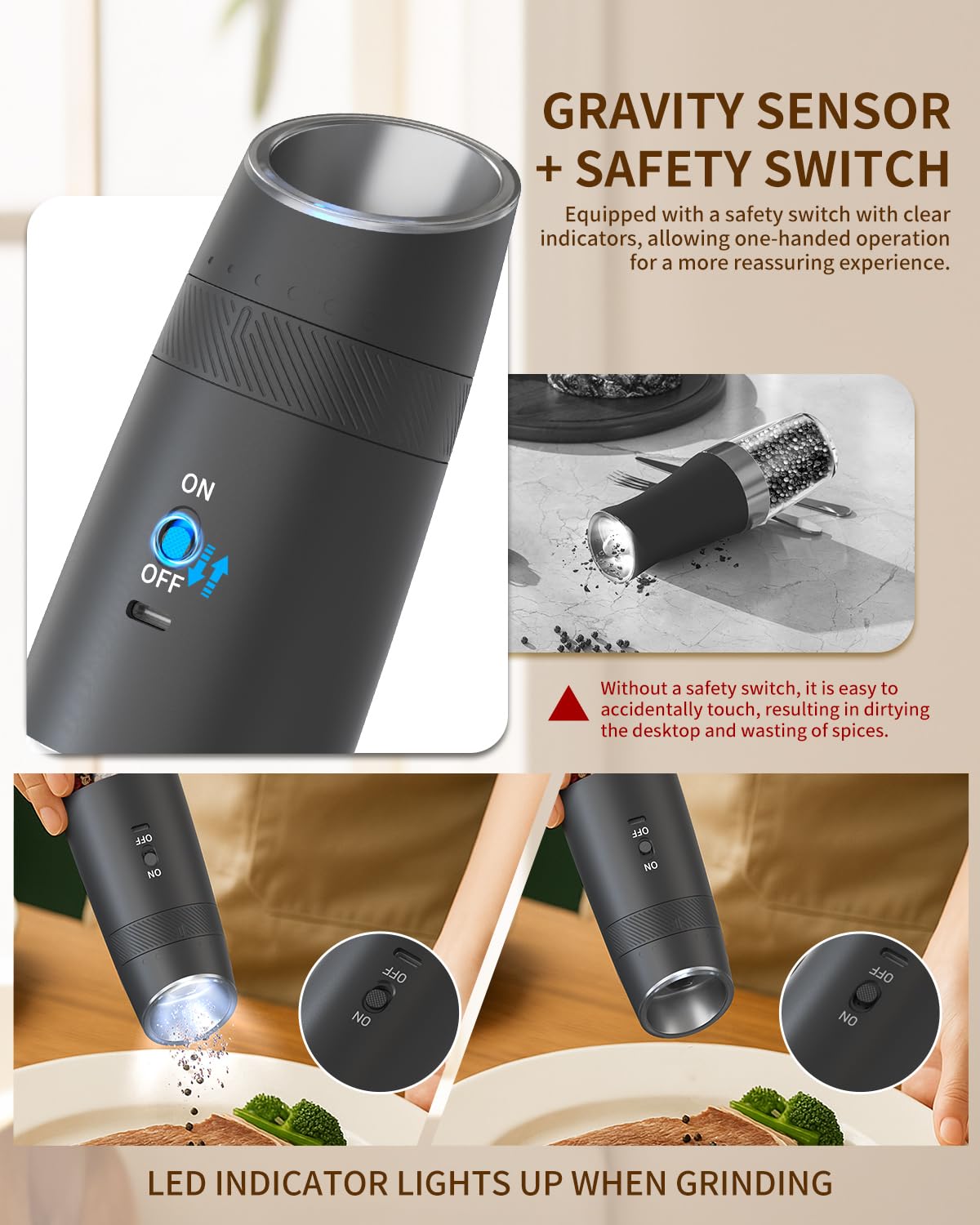 CIRCLE JOY Rechargeable Salt and Pepper Grinder Set Gravity Electric Salt and Pepper Grinder Set, LED Light, Adjustable Coarseness, for Home Kitchen BBQ, Black & White