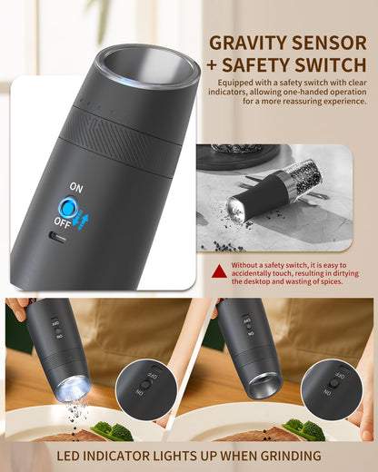 Electric Salt and Pepper Grinder Set, Gravity Rechargeable with LED