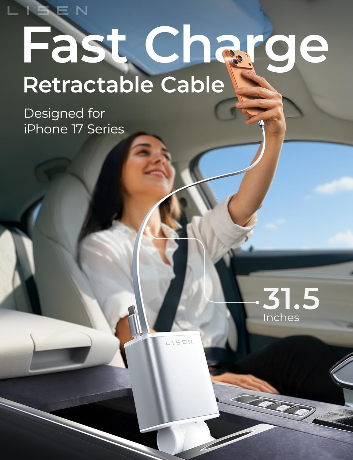 LISEN Retractable Car Charger, 84W Car Charger USB C Fast Charge,4 in 1