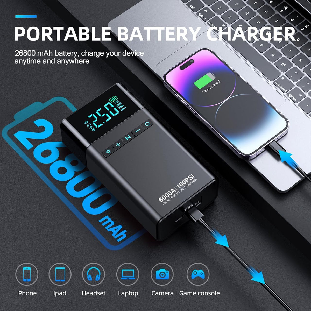 6000A Portable Car Battery Jump Starter with Air Compressor 160PSI