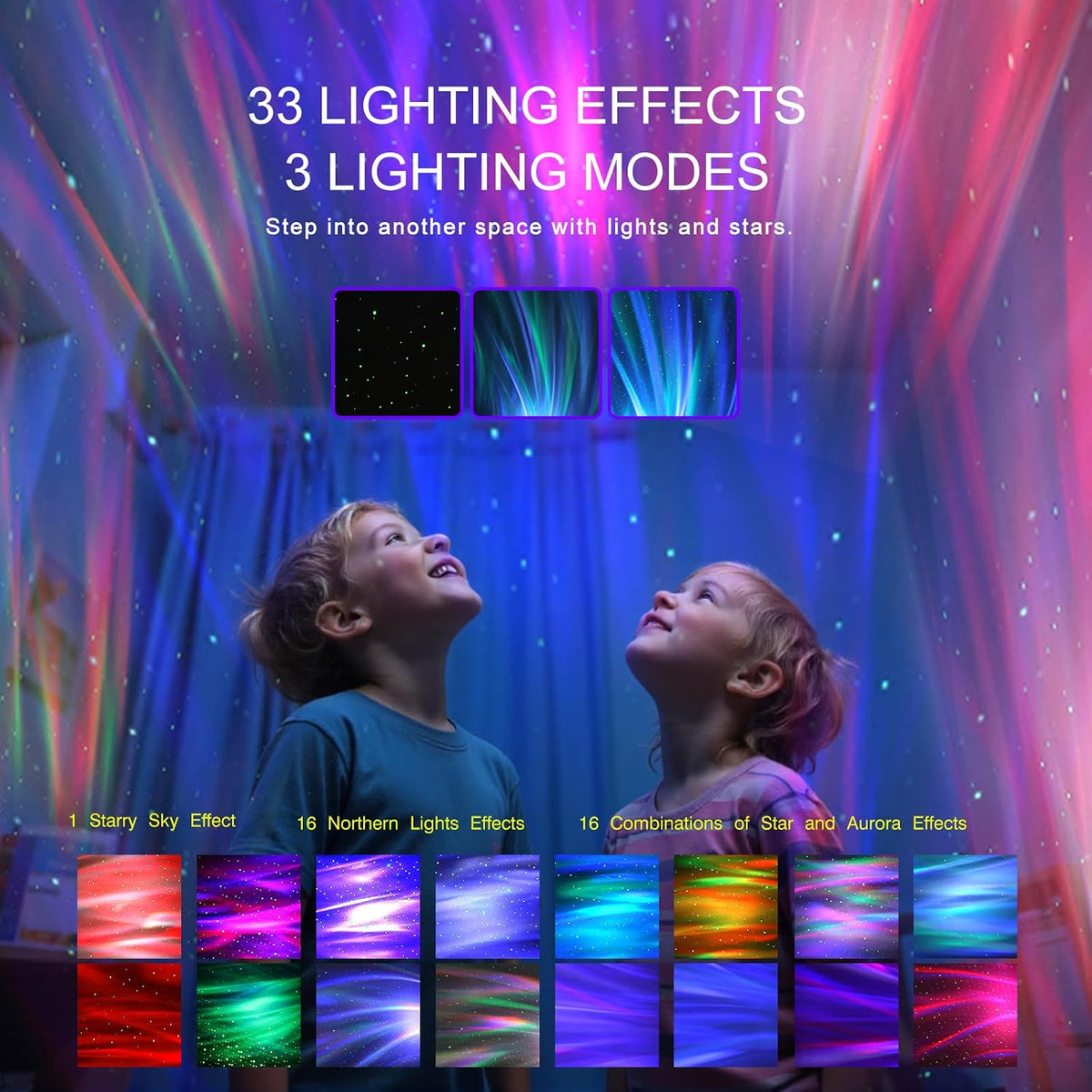 Northern Galaxy Light Aurora Projector with 33 Light Effects, Night Lights LED Star Projector for Bedroom Nebula Lamp, Remote Control, White Noises, Bluetooth Speaker for Parties Black