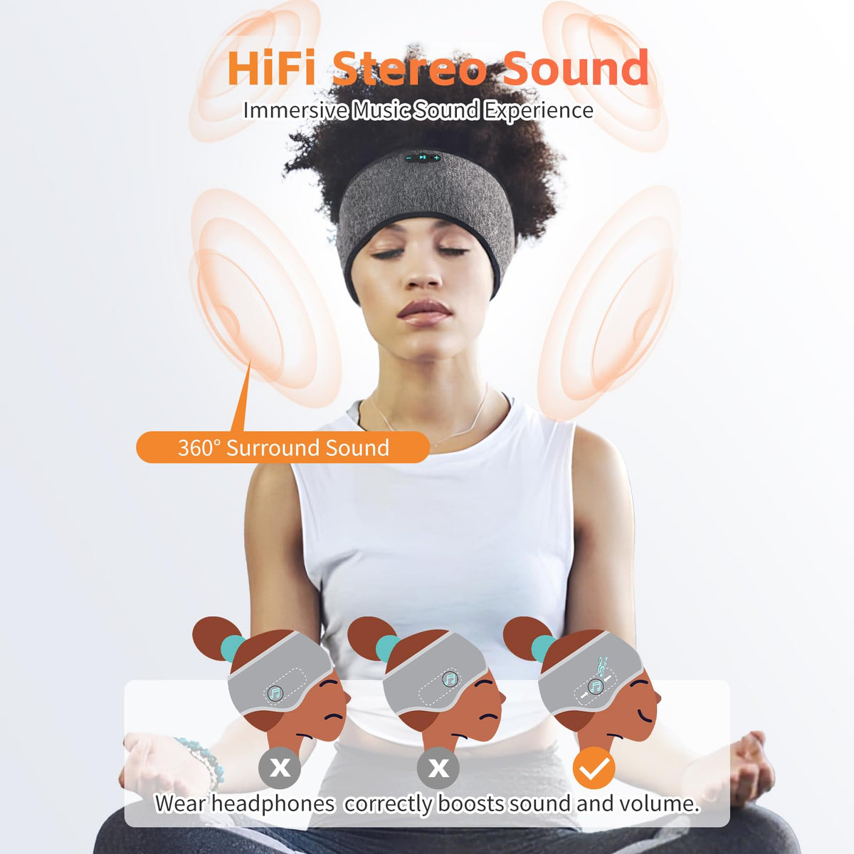 Sleep Headphones Bluetooth 6.0 Headband for Side Sleeper (Black)